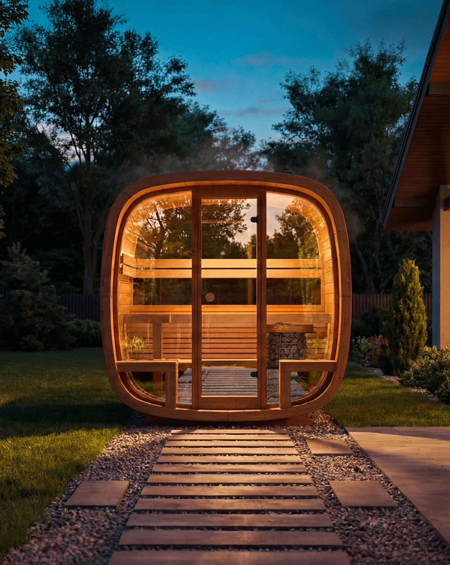 A finished cedar and glass garden sauna glowing at dusk