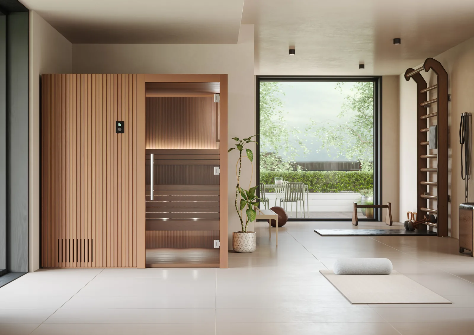 A premium cedar sauna interior, finished and lit